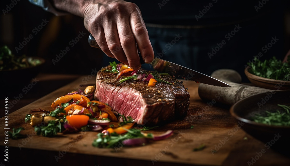 Grilled steak fillet, cooked rare, on rustic wooden table generated by AI