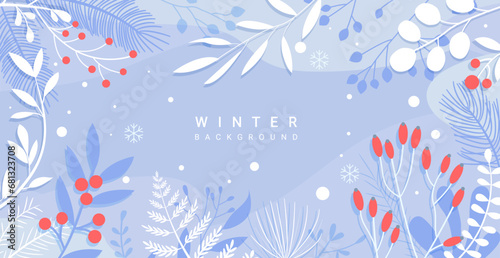 Winter floral background with isolated hand drawn leaves,red berries,snowflakes and place for text.Decoration for Christmas, New Year sales, discounts.Template for advertise banners,flyers,web.Vector