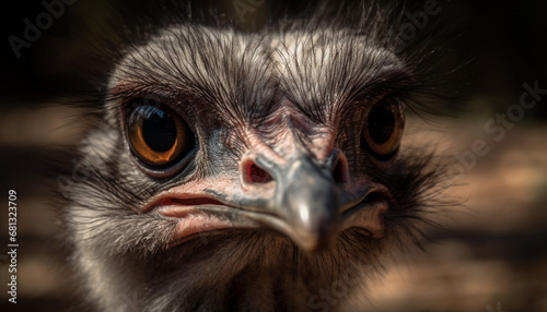 Staring eagle owl close up, focusing on feathered animal body part generated by AI