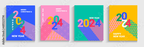2024 New year flyers,set of greeting banners with long geometric different colors shadows and patterns.Posters,cards in simple geometric style.Design templates for cover,header,web.Vector illustration
