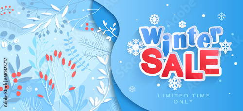 Winter sale horizontal banner with promotion and winter floral part with red berries. Big discounts template design for Christmas and New Year. Promo for retail, market,web. Vector Illustration. photo