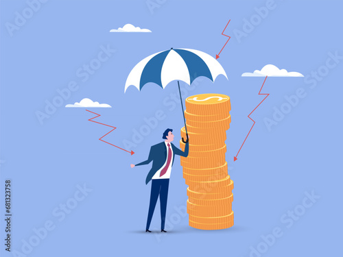 Financial crisis, Income protection, financial coverage, Wealth protection, investment asset allocation portfolio. money coin under umbrella, finance safety. vector illustration.