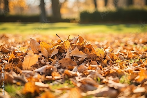 The heap of dry leaves on green grass in the park