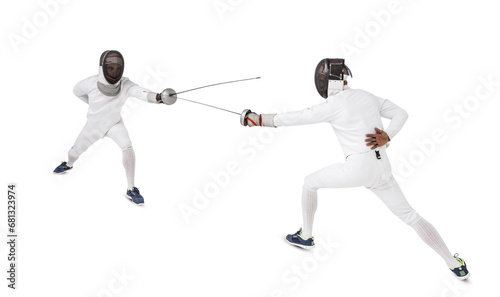 Digital png photo of two male fencers fencing on transparent background © vectorfusionart