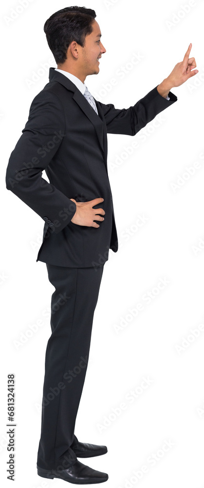 Digital png photo of happy asian businessman pointing with finger on transparent background Digital png photo of happy asian businessman pointing with finger on transparent background