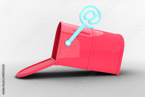 Digital png illustration of at symbol with open pink mailbox, copy space on transparent background
