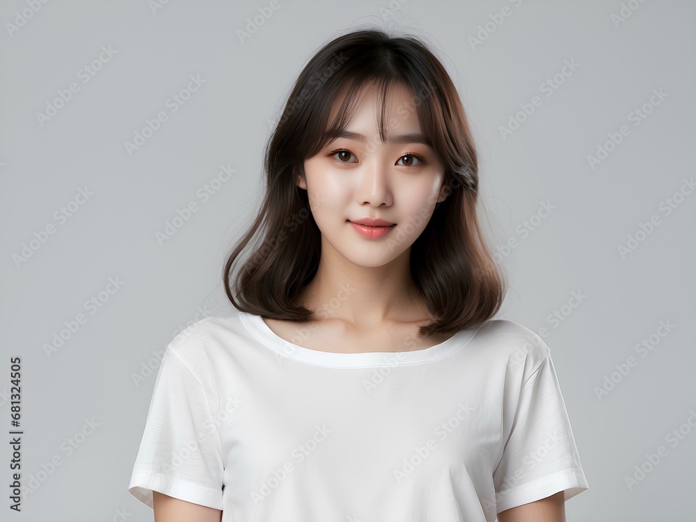 A young beautiful korean woman in white shirt with smooth white skin and healthy short hair with bangs, for commercial and beauty products model. A young beautiful korean woman in white shirt with smooth white skin and healthy short hair with bangs, for commercial and beauty products model.