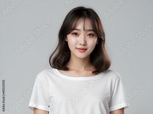 A young beautiful korean woman in white shirt with smooth white skin and healthy short hair with bangs, for commercial and beauty products model. 