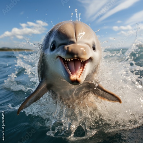 Photo of a playful baby dolphin leaping in the ocean. Generative AI © Aditya