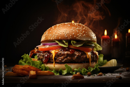 A closeup view of a bacon cheeseburger  beautifully presented against a dark background. This delicious creation is AI Generative.