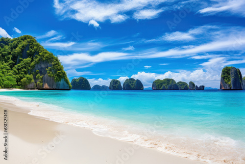 Paradise island's sandy beach features palm trees, a sailing boat, and turquoise sea. Large sail on the ocean, surrounded by a panoramic sky. AI Generative.