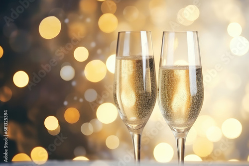 Glasses of champagne on a table with a blurred background. Sparkle and cheer in a luxurious setting for a festive celebration. AI Generative magic is.