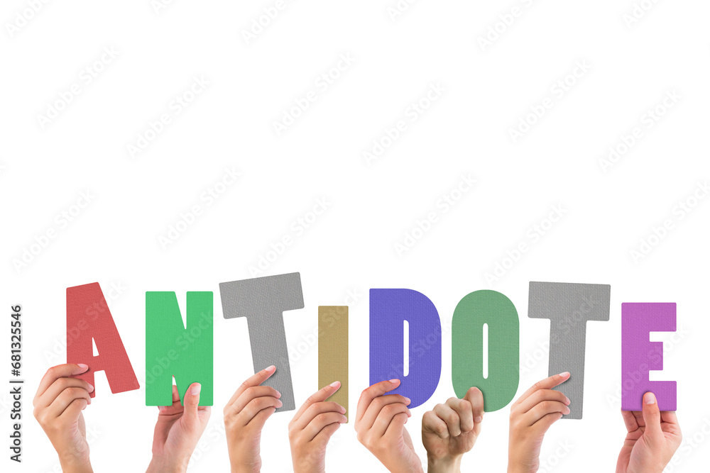 Fototapeta premium Digital png illustration of hands holding antidote text on transparent background