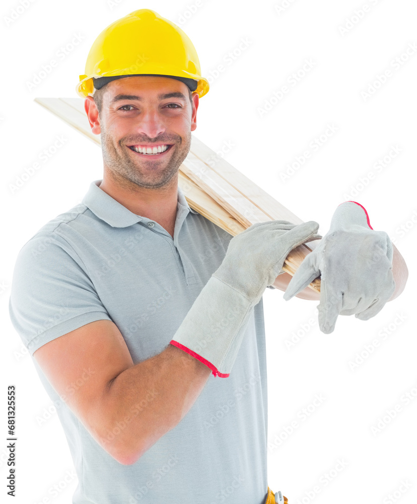 Digital png photo of happy caucasian male worker in hardhat with boards on transparent background Digital png photo of happy caucasian male worker in hardhat with boards on transparent background