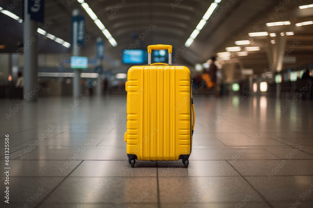 Airport scene Yellow suitcase in the blurred interior of a terminal. AI Generative marvel adds allure to this contemporary travel concept.