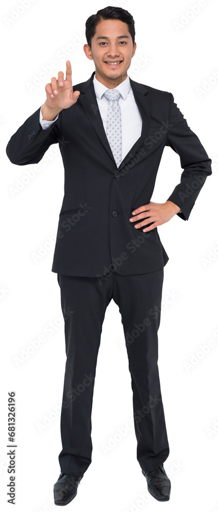 Digital png photo of happy biracial businessman pointing on transparent background Digital png photo of happy biracial businessman pointing on transparent background