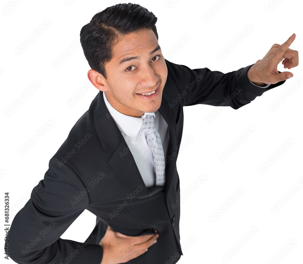 Digital png photo of happy biracial businessman pointing on transparent background