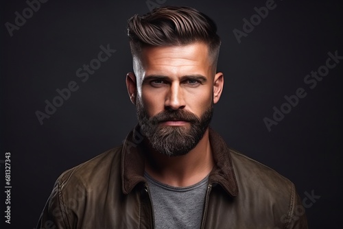 Handsome man with an undercut hairstyle and beard studio portrait, simple dark background. AI generated