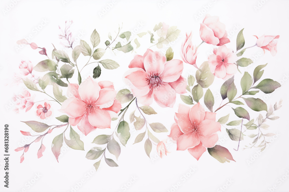 Beautiful watercolor painting of pink flowers and leaves on a white background, Generative AI