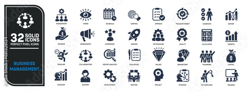 Business management solid icons collection. Containing strategy, teamwork, development, organisation etc icons. For website marketing design, logo, app, template, ui, etc. Vector illustration.