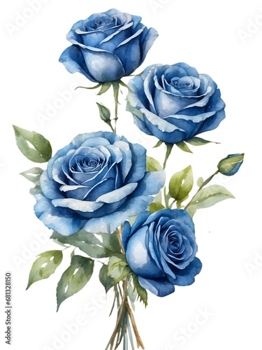 Watercolor illustration of  beautiful blue roses bouquet. Creative graphics design.