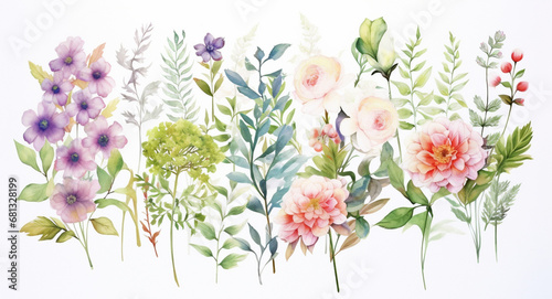 Beautiful watercolor painting of a set of watercolor flowers and leaves, Generative AI