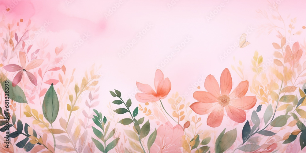 Watercolor painting of a pink background with green leaves and flowers, Generative AI