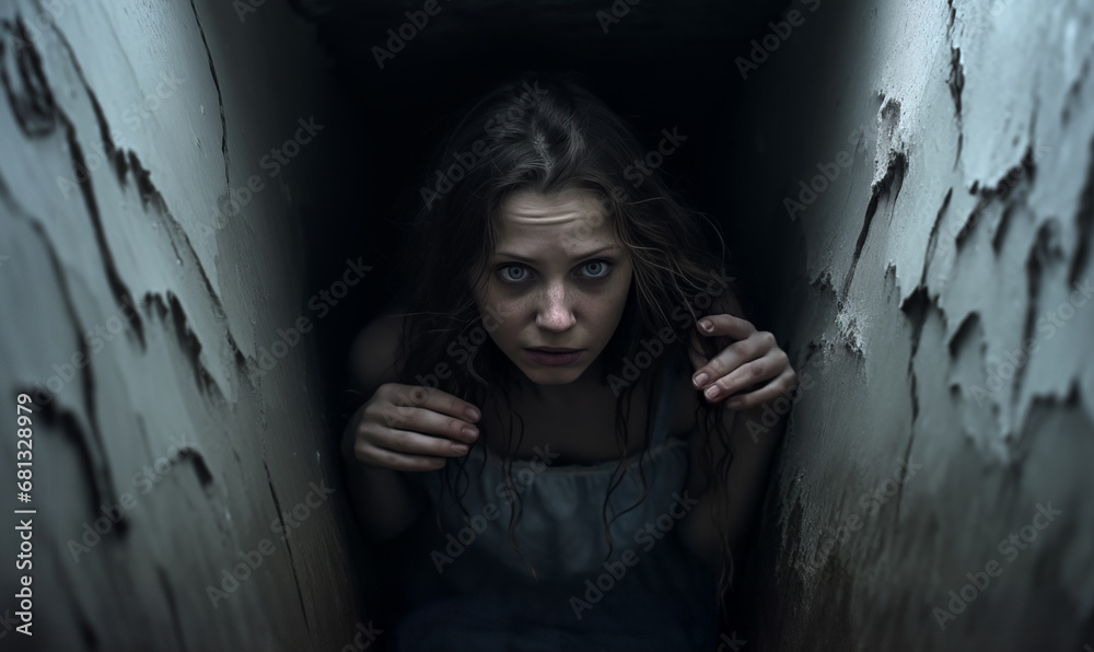 scared woman feeling trapped and claustrophobic in tight spaces - obrazy, fototapety, plakaty 