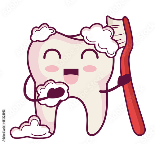 Digital png illustration of happy tooth with brush on transparent background