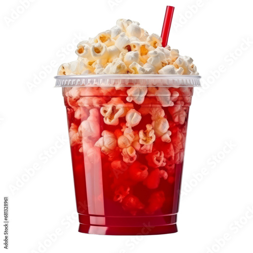 A Vibrant Red Cup Overflowing With Delicious Popcorn and a Playful Straw . Transparent background cutout. PNG file photo