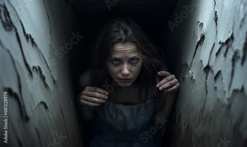 scared woman feeling trapped and claustrophobic in tight spaces photo