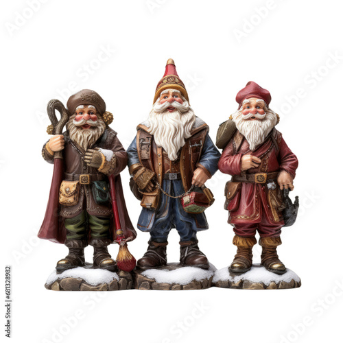 Three Charming Gnomes Forming a Trio of Whimsical Figurines . Transparent background cutout. PNG file
