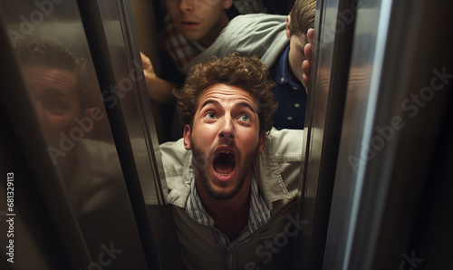 Scared men stuck in an elevator full of people, feeling claustrophobic photo