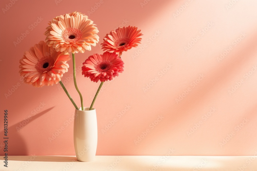 Beautiful pink gerbera flowers in a vase on beige table with pink wall background. Generative AI