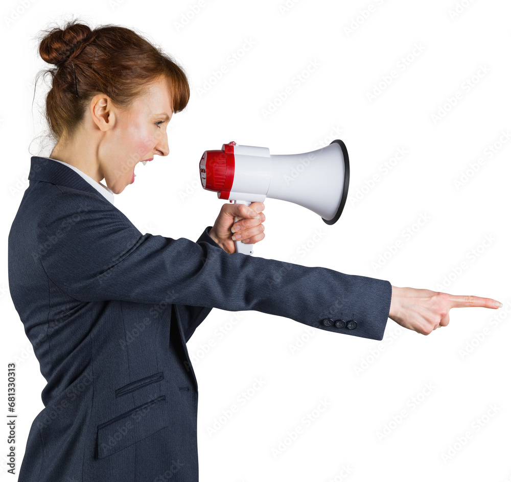 Digital png photo of caucasian businesswoman shouting using loudspeaker on transparent background Digital png photo of caucasian businesswoman shouting using loudspeaker on transparent background