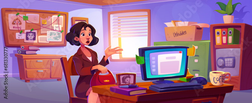 Scared woman in detective office. Vector cartoon illustration of female character at police station, crime witness or victim, evidence board, case folders, desktop computer, investigator workplace