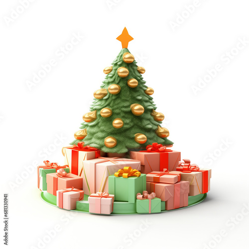 3d cute and green Christmas tree with presents, in the style of personal iconography, playful design isolated on a white background