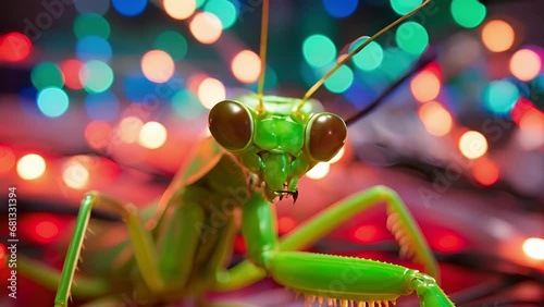 Closeup of a vibrant green praying mantis perched on a glowing string of Christmas lights, its large eyes seemingly fixed on the colorful bulbs. photo