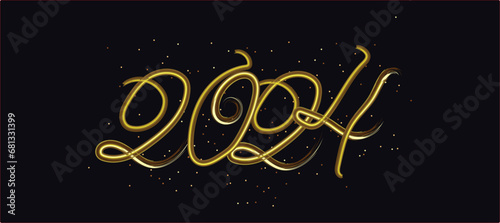 2024 Happy New Year clock countdown background. Gold glitter shining in light with sparkles abstract celebration. Greeting festive card vector illustration. Merry holiday poster or wallpaper design