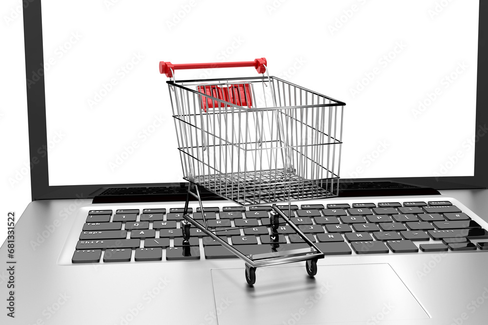 Digital png illustration of laptop and shopping trolley on transparent background