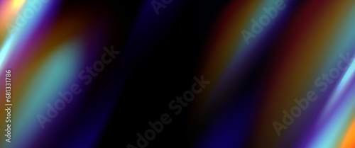 Black background with abstract iridescent gradient. Vector realistic illustration of damaged dusty photo film texture, blurred surface, light leak bokeh effect, vintage footage, retro flare glow