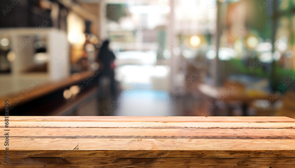 Selected focus empty brown wooden table and Coffee shop blur background with bokeh image. for your photomontage or product display Selected focus empty brown wooden table and Coffee shop blur background with bokeh image. for your photomontage or product display