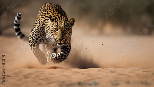 Leopard running across a dirt field with sands