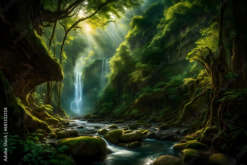 Illustration of a beautiful natural panorama of a tropical forest with rivers and waterfalls. Watercolor style Fantasy rainforest.