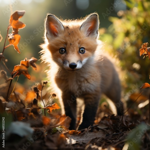 Photo of a tiny red fox kit playing in the grass. Generative AI