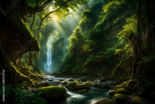 Illustration of a beautiful natural panorama of a tropical forest with rivers and waterfalls. Watercolor style Fantasy rainforest.