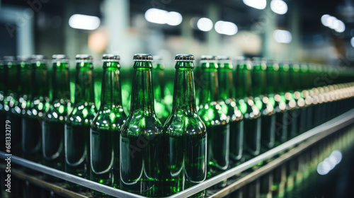 Green beer bottles on the production line  horizontal photo shows group of green beer bottles.factory background