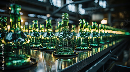Green beer bottles on the production line  horizontal photo shows group of green beer bottles.factory background