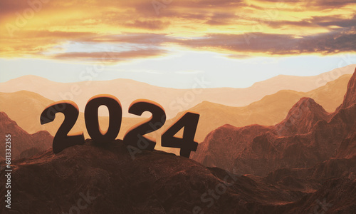 2024 on the mountains with a sunset sky background. 3d rendering