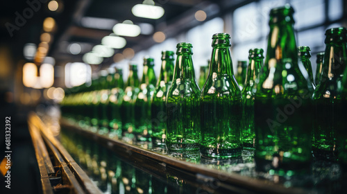 Green beer bottles on the production line  horizontal photo shows group of green beer bottles.factory background